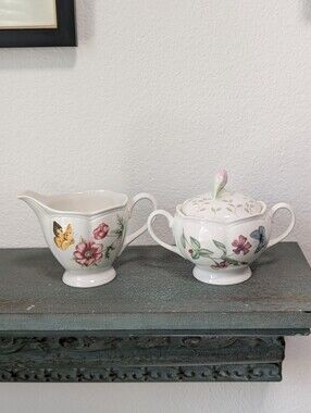 Vintage Lenox Butterfly Meadow Creamer and Lidded Sugar Louise Le Luyer Floral
